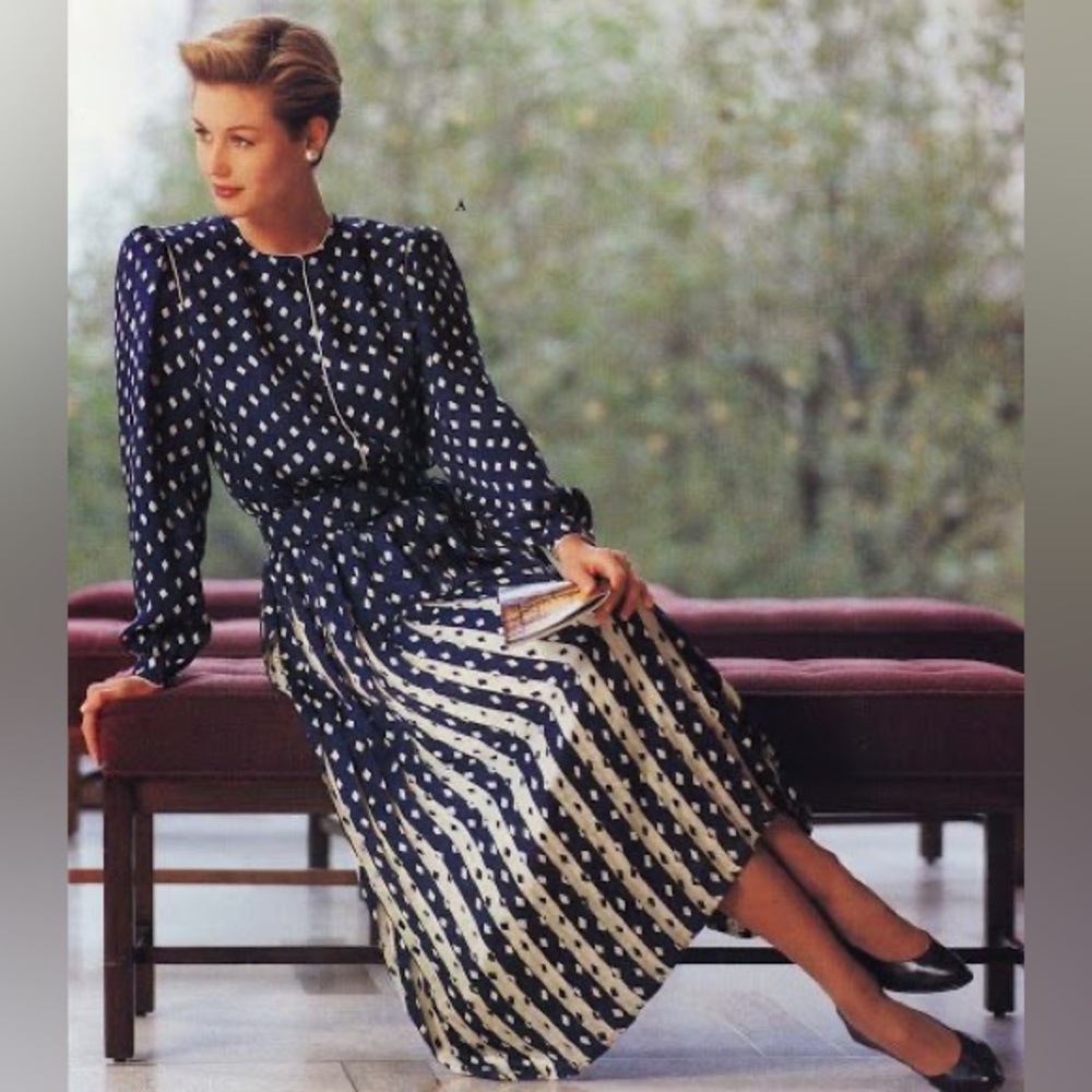 Brooks Brothers | Vintage 80s Silk Pleated Diamond Polka Dot Midi Dress